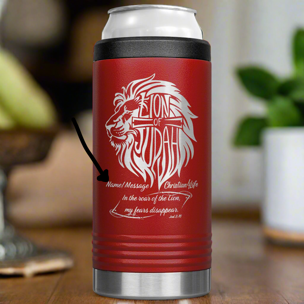 Lion of Judah, Joel 3:16, Personalized 12oz coozie - stainless steel Insulated Christian Tumbler