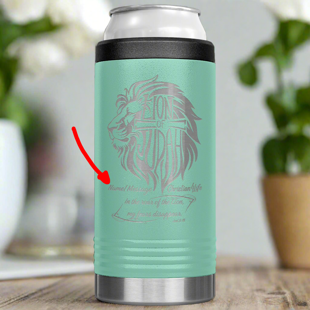 Lion of Judah, Joel 3:16, Personalized 12oz coozie - stainless steel Insulated Christian Tumbler