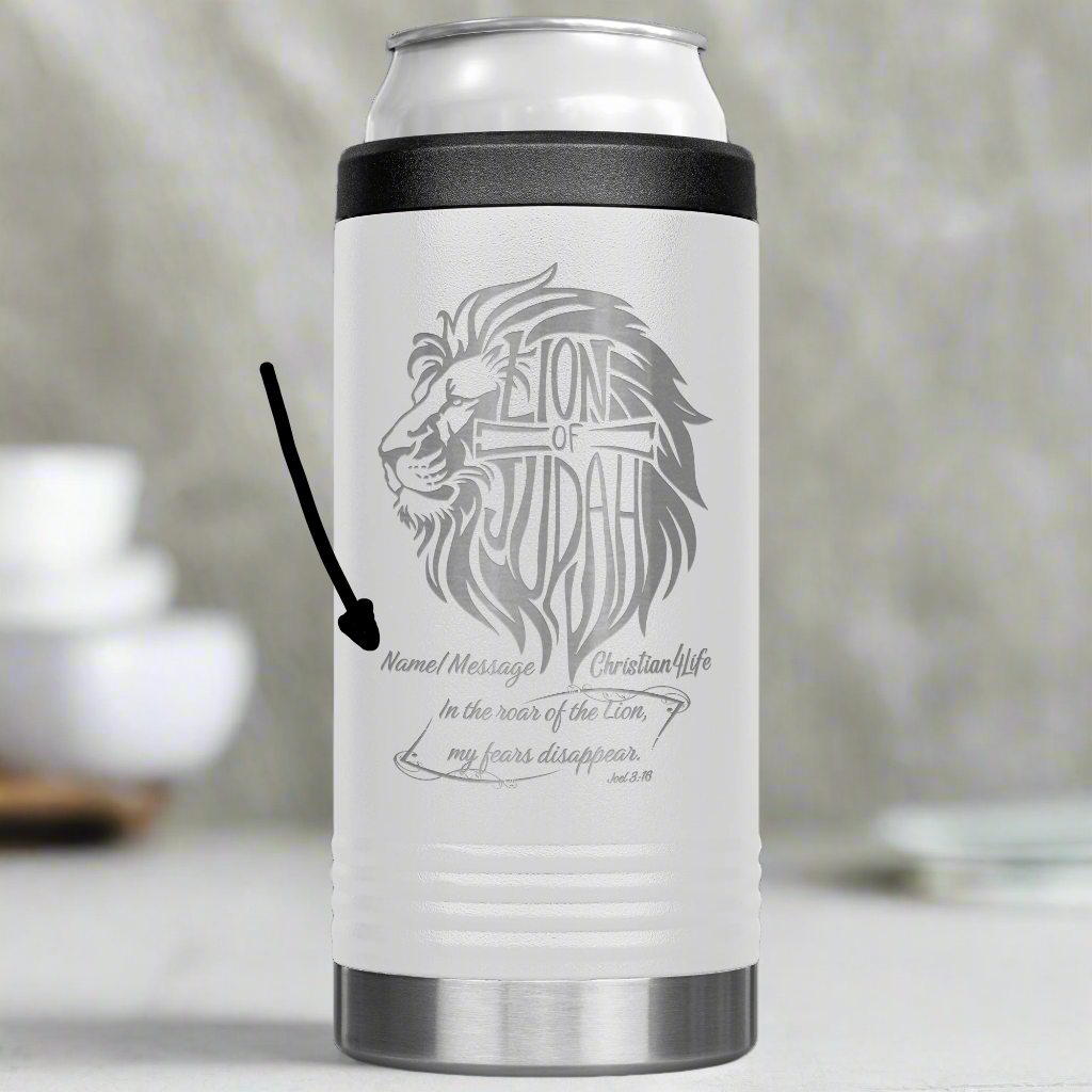 Lion of Judah, Joel 3:16, Personalized 12oz coozie - stainless steel Insulated Christian Tumbler
