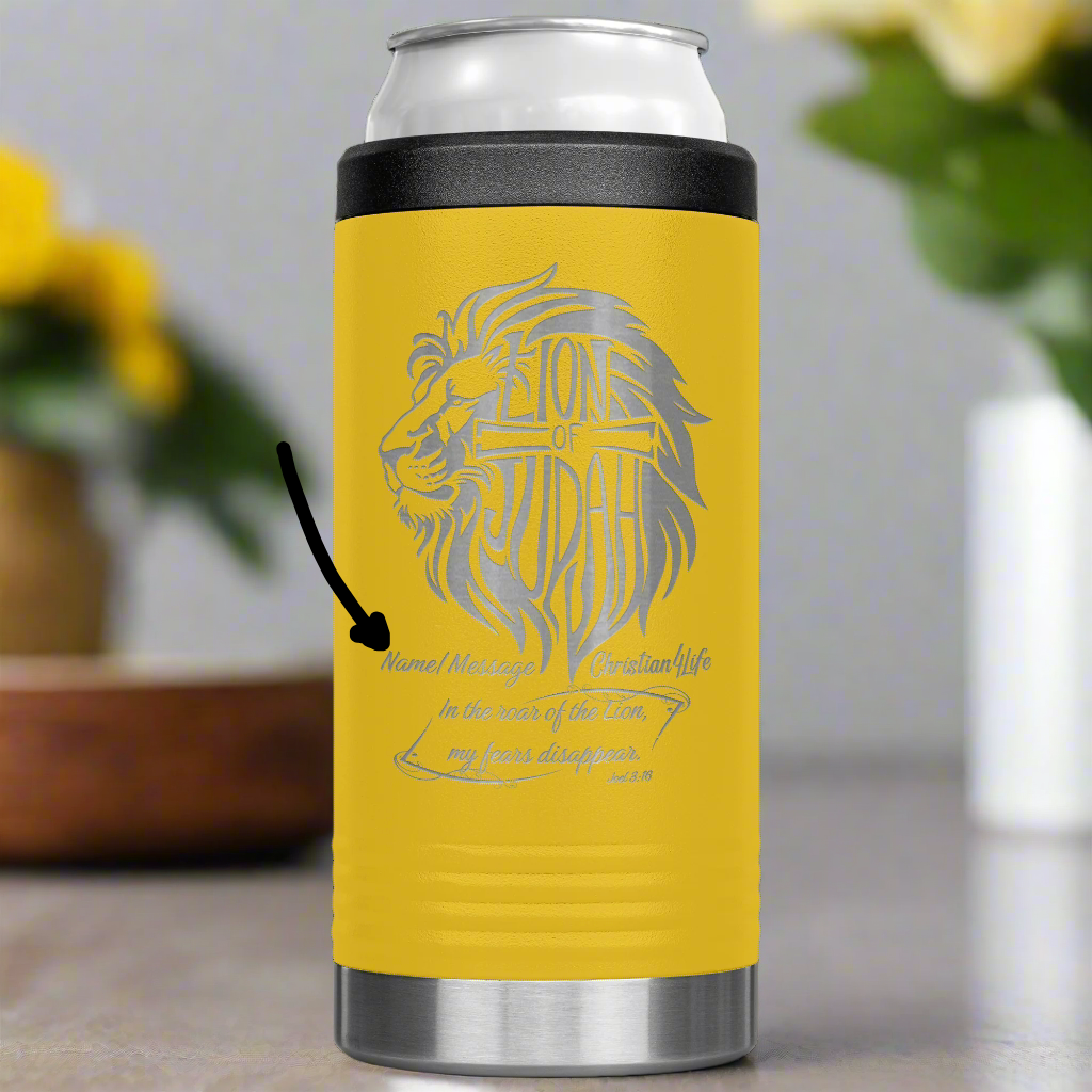 Lion of Judah, Joel 3:16, Personalized 12oz coozie - stainless steel Insulated Christian Tumbler