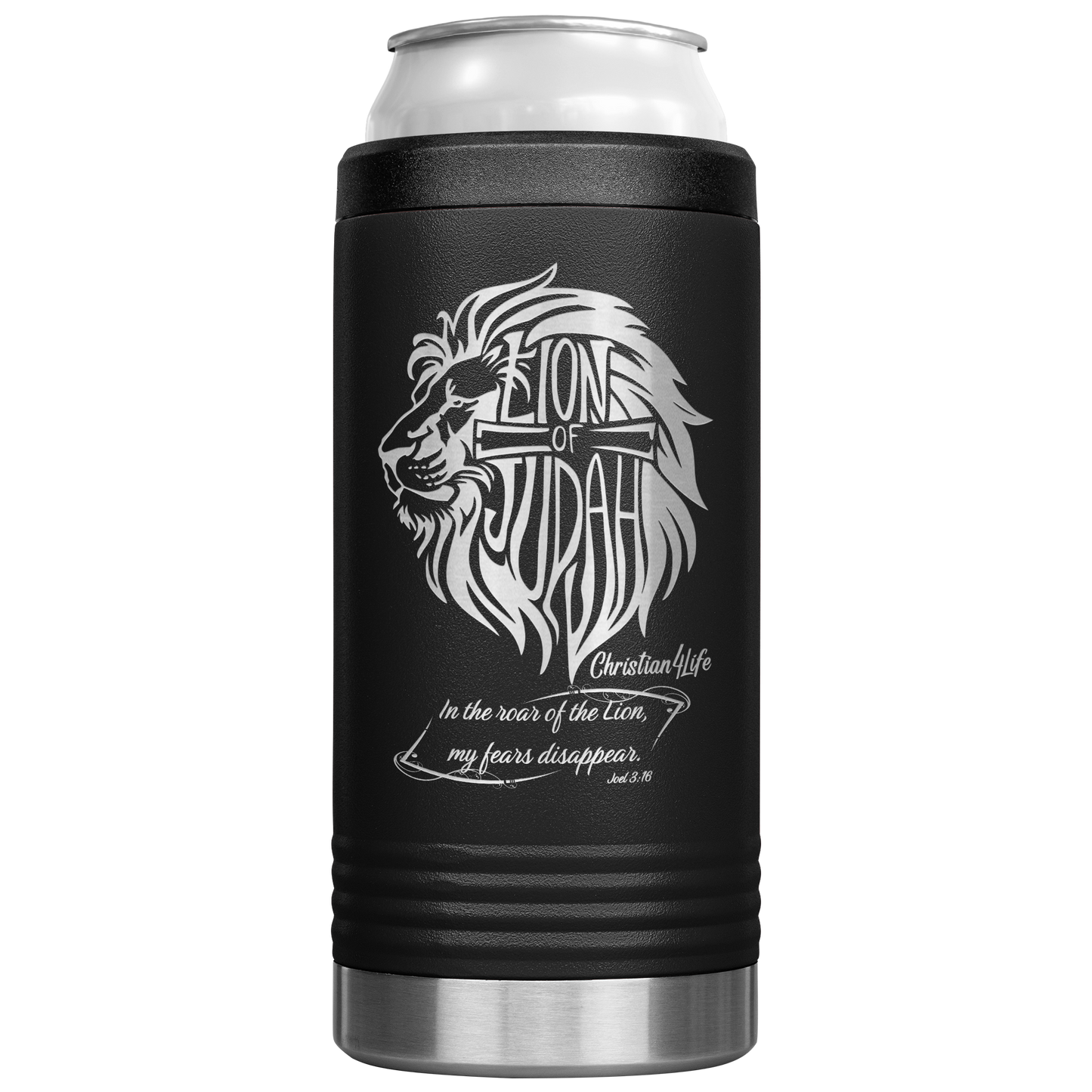 Lion_of_Judah_12oz_coozie_-_stainless_st_12oz_Koozie_Main_Black_Mockup.png