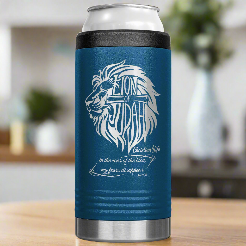 Lion of Judah, Joel 3:16, Personalized 12oz coozie - stainless steel Insulated Christian Tumbler