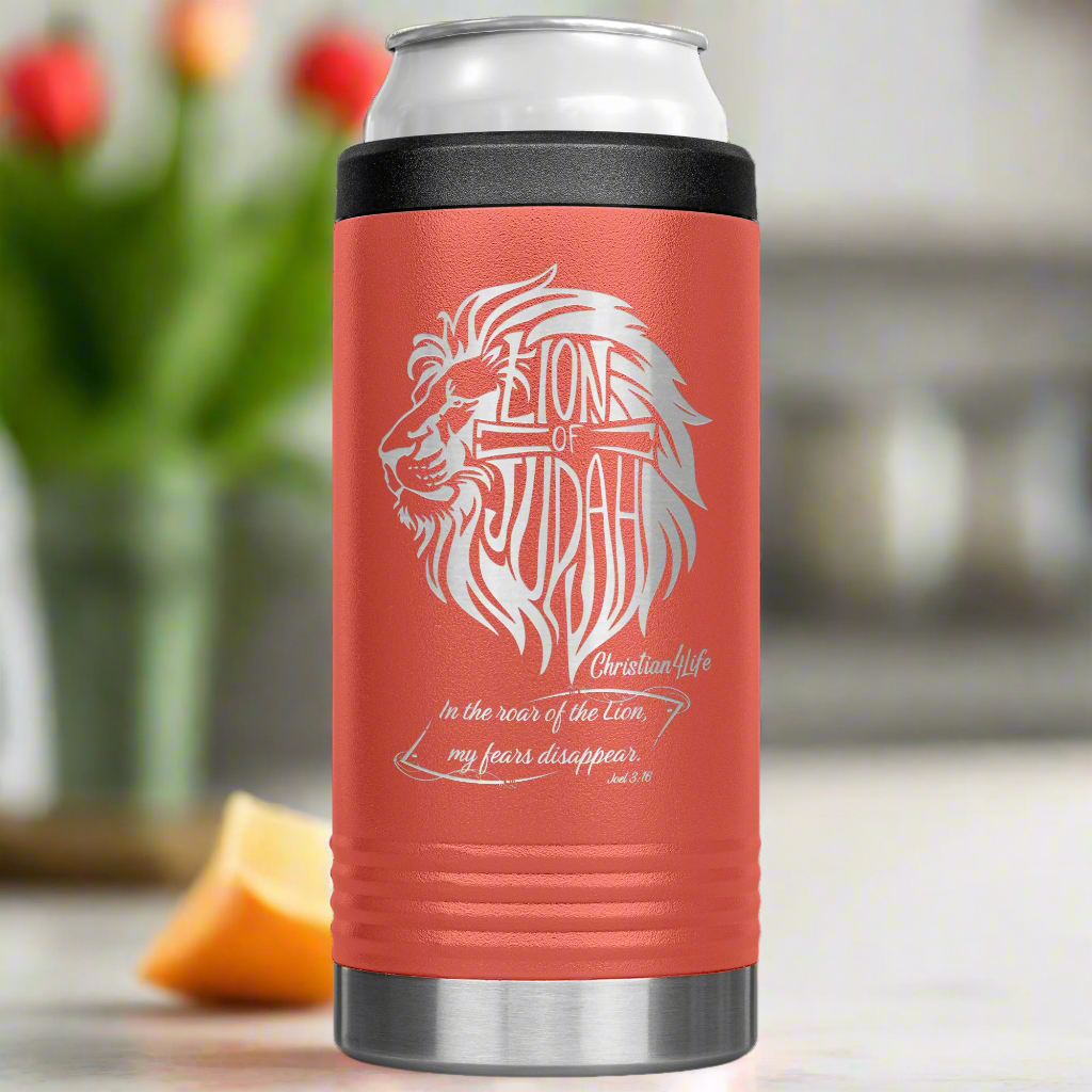 Lion of Judah, Joel 3:16, Personalized 12oz coozie - stainless steel Insulated Christian Tumbler