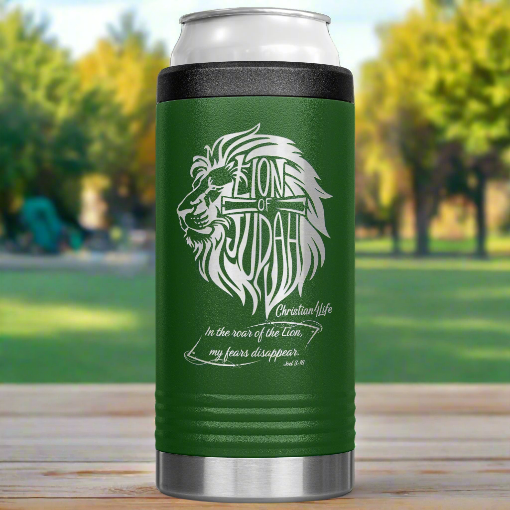 Lion of Judah, Joel 3:16, Personalized 12oz coozie - stainless steel Insulated Christian Tumbler