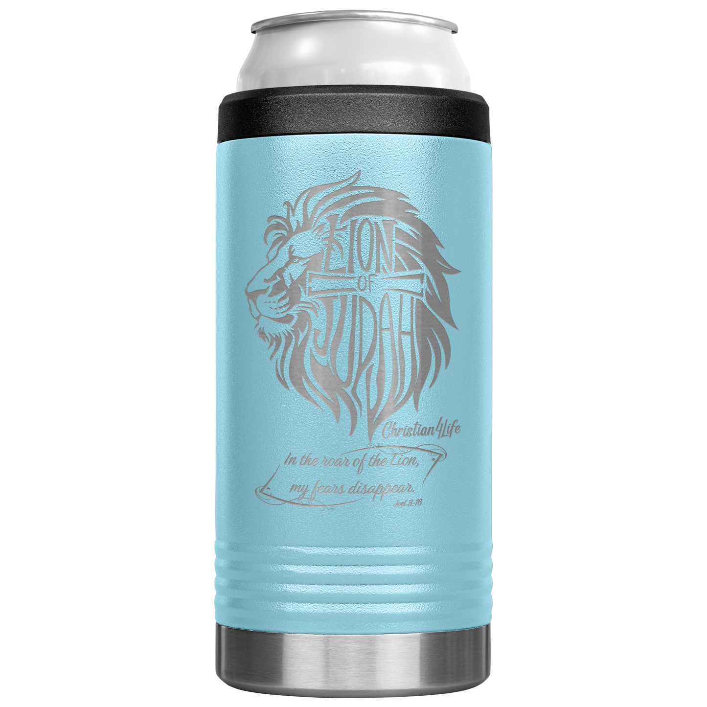 Lion_of_Judah_12oz_coozie_-_stainless_st_12oz_Koozie_Main_LtBlue_Mockup.png