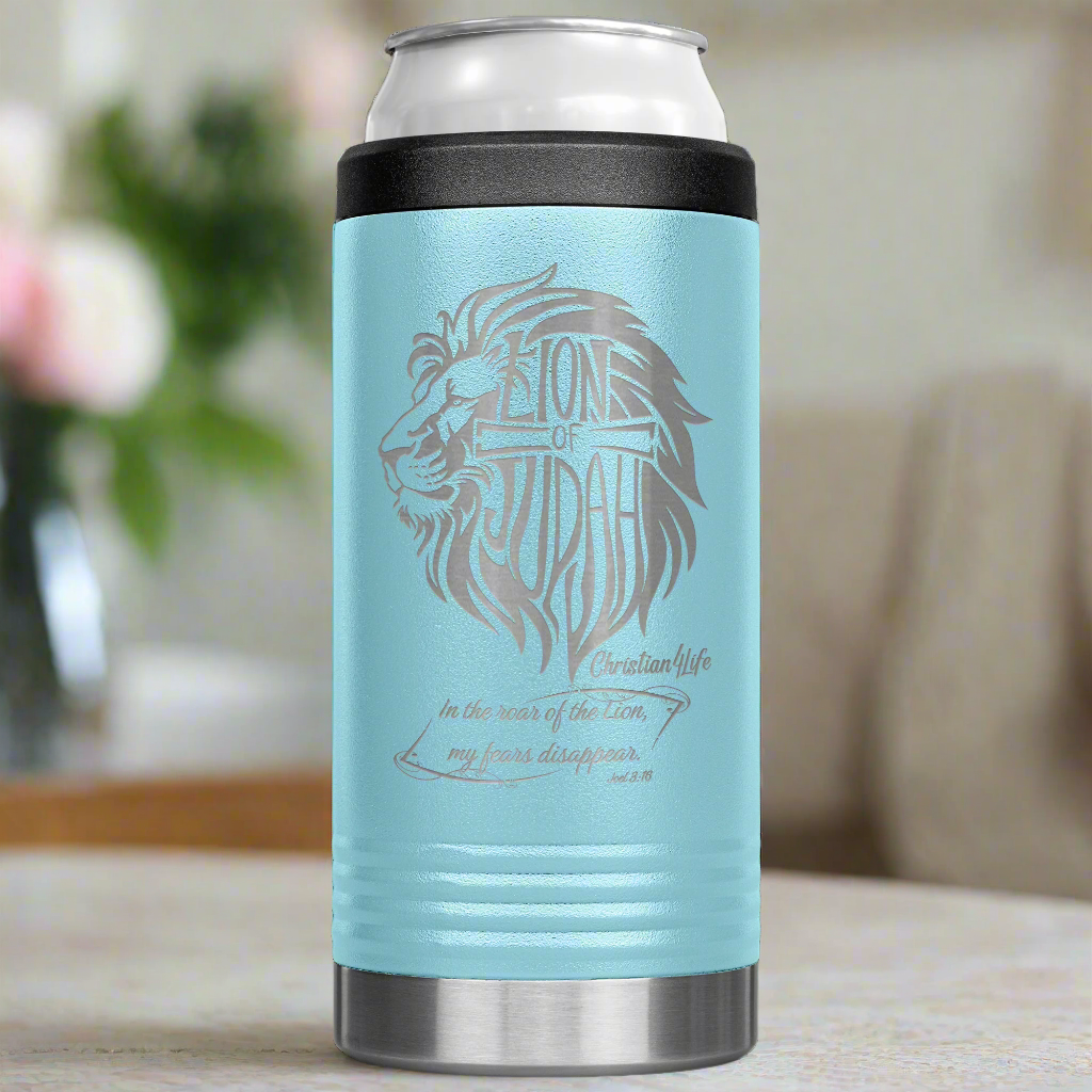 Lion of Judah, Joel 3:16, Personalized 12oz coozie - stainless steel Insulated Christian Tumbler