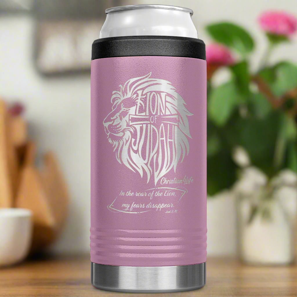Lion of Judah, Joel 3:16, Personalized 12oz coozie - stainless steel Insulated Christian Tumbler
