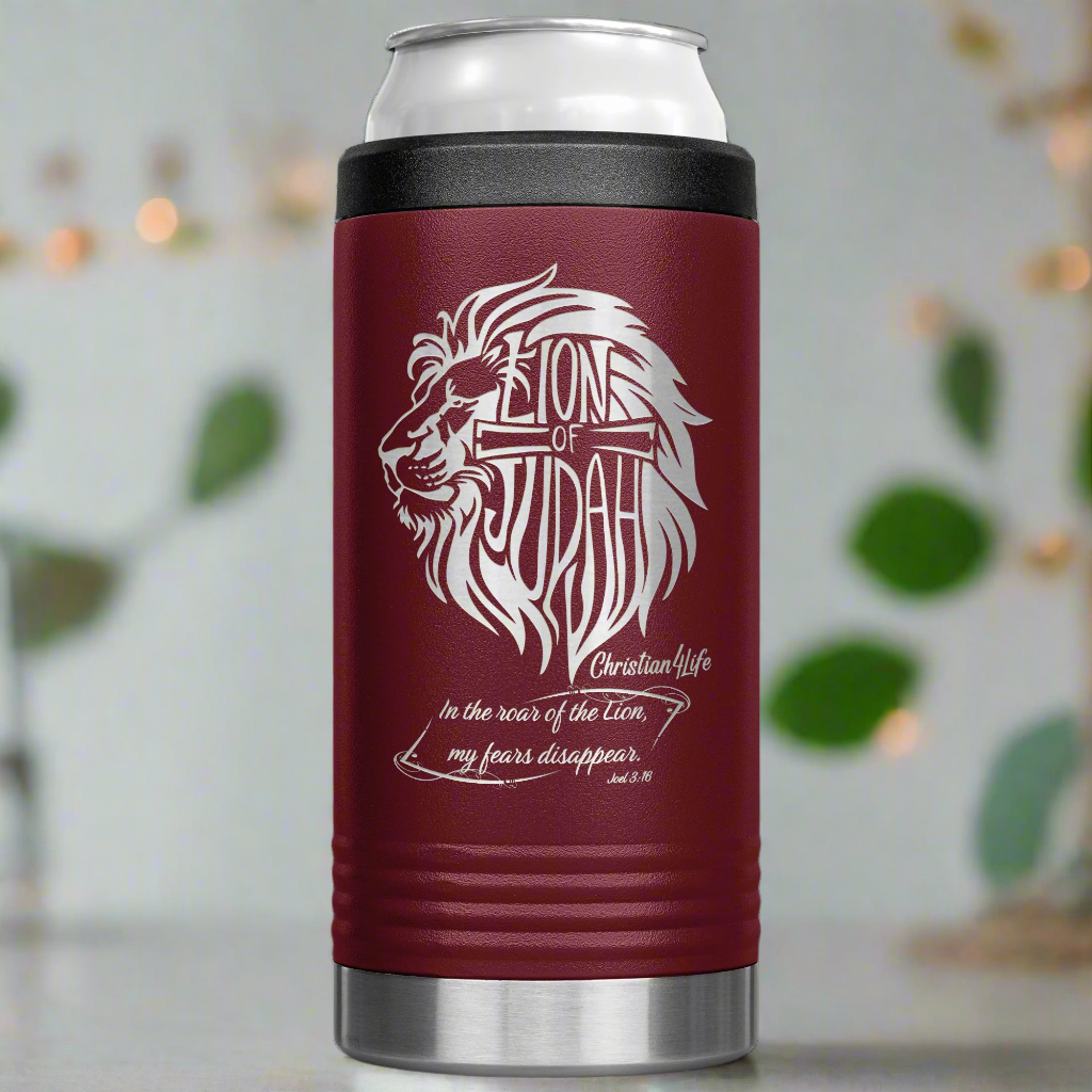 Lion of Judah, Joel 3:16, Personalized 12oz coozie - stainless steel Insulated Christian Tumbler