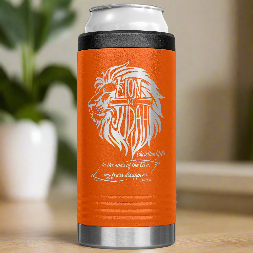 Lion of Judah, Joel 3:16, Personalized 12oz coozie - stainless steel Insulated Christian Tumbler