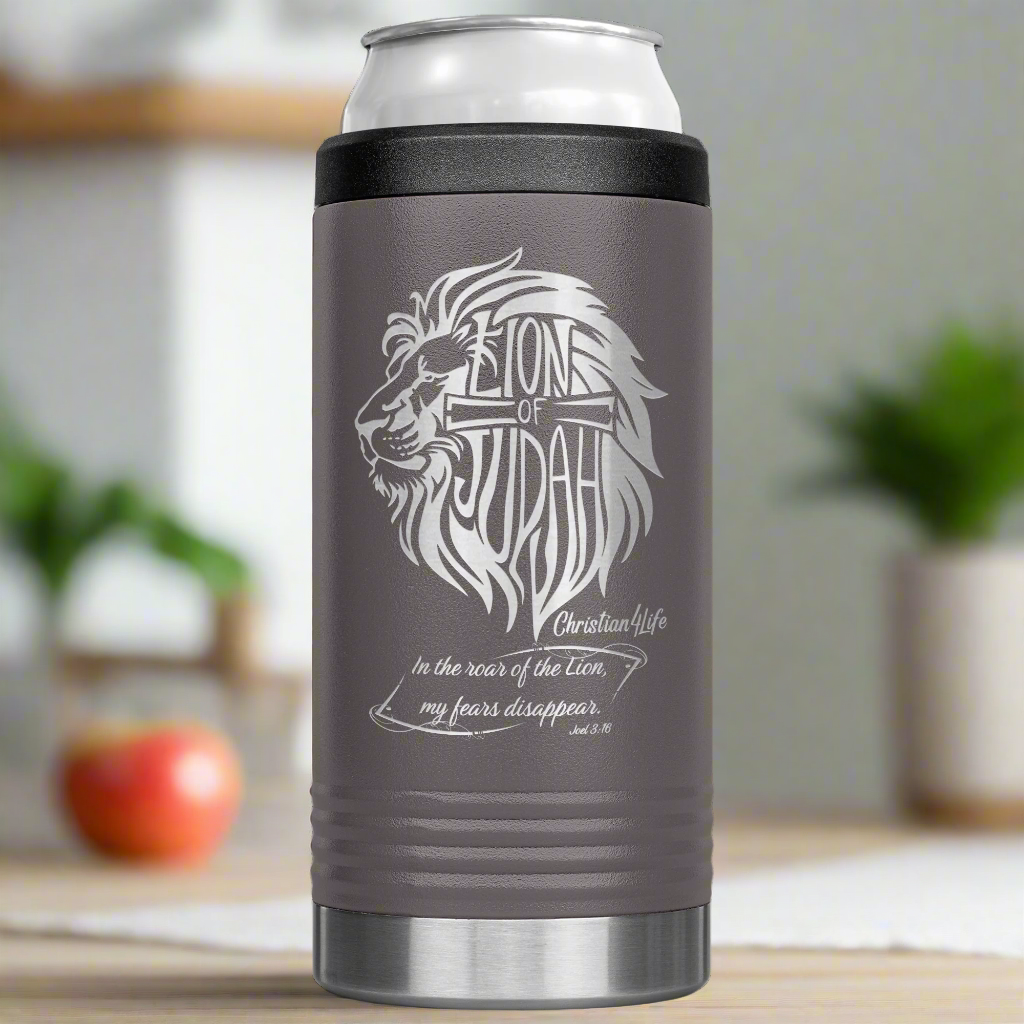 Lion of Judah, Joel 3:16, Personalized 12oz coozie - stainless steel Insulated Christian Tumbler