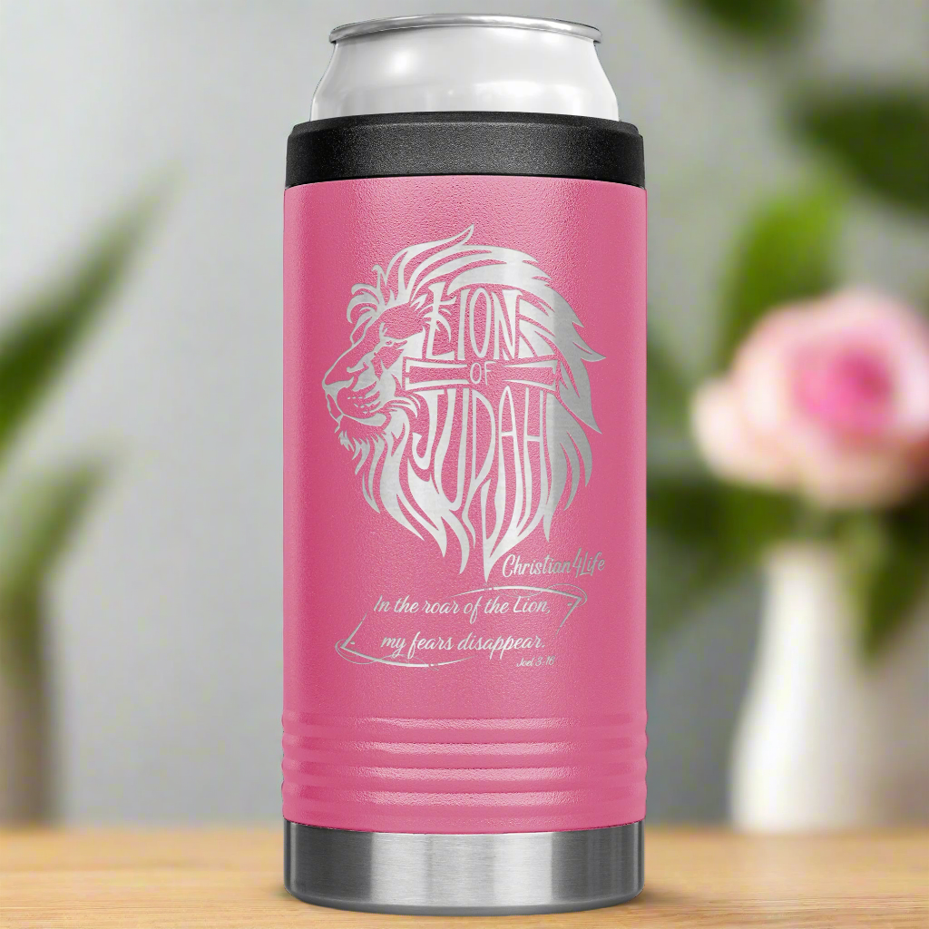 Lion of Judah, Joel 3:16, Personalized 12oz coozie - stainless steel Insulated Christian Tumbler
