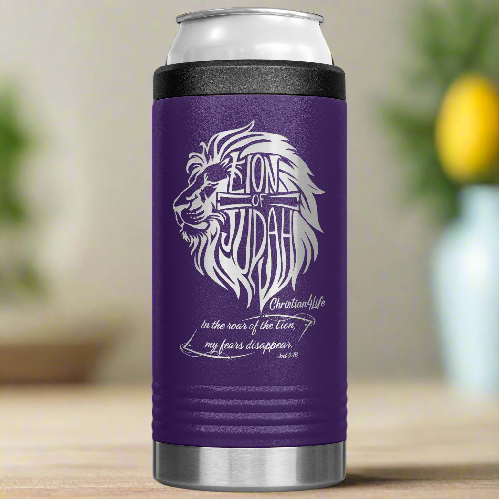 Lion of Judah, Joel 3:16, Personalized 12oz coozie - stainless steel Insulated Christian Tumbler