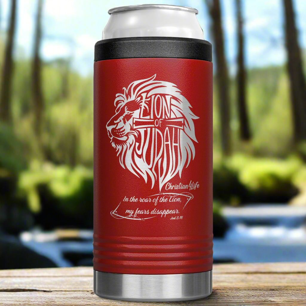 Lion of Judah, Joel 3:16, Personalized 12oz coozie - stainless steel Insulated Christian Tumbler