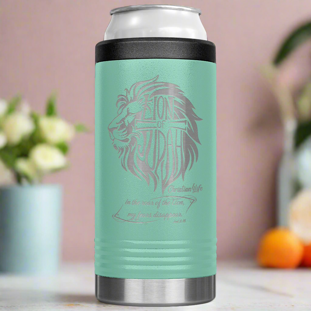 Lion of Judah, Joel 3:16, Personalized 12oz coozie - stainless steel Insulated Christian Tumbler
