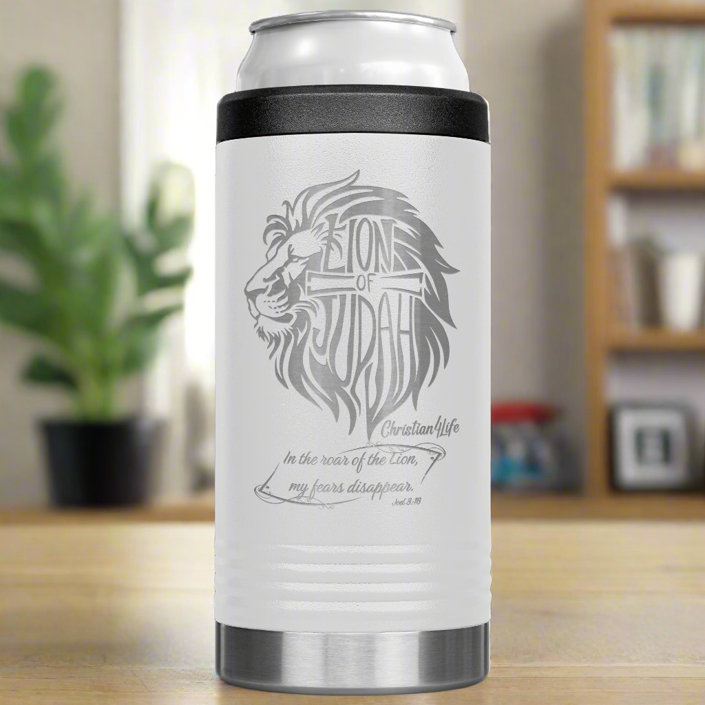 Lion of Judah, Joel 3:16, Personalized 12oz coozie - stainless steel Insulated Christian Tumbler