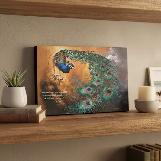 Canvas print of a peacock on a wooden shelf with decor items.