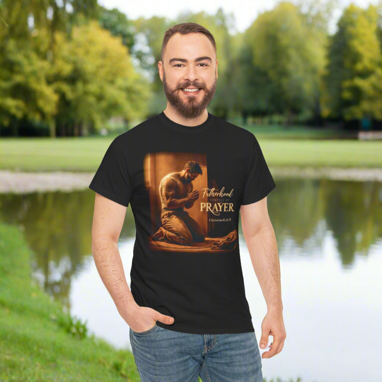 Christian Dad ’Fatherhood: Powered by Prayer’ Heavy Cotton T-shirt - T-Shirt