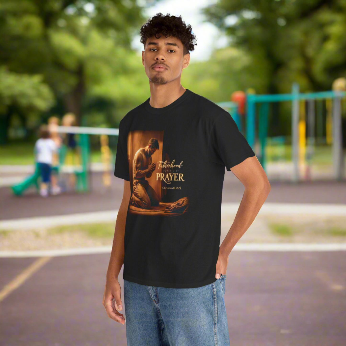 Christian Dad ’Fatherhood: Powered by Prayer’ Heavy Cotton T-shirt - T-Shirt