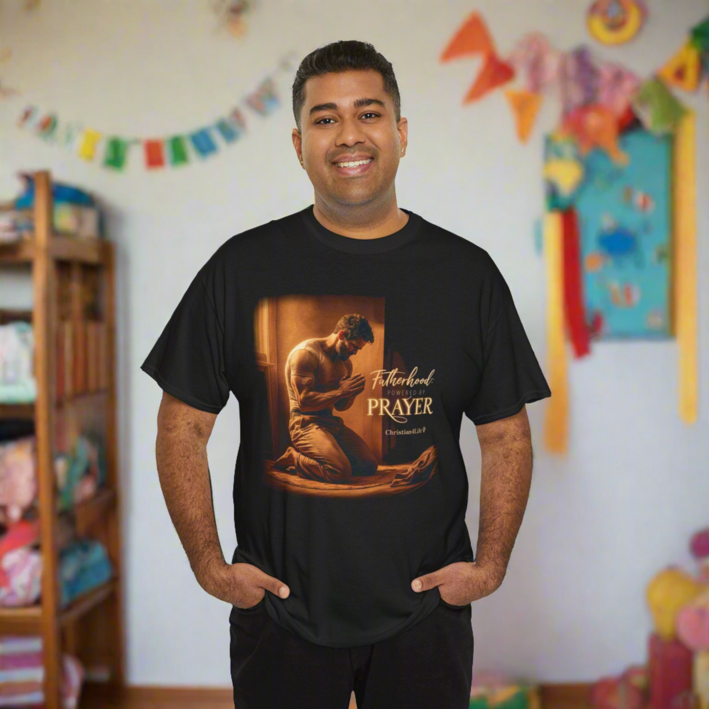 Christian Dad ’Fatherhood: Powered by Prayer’ Heavy Cotton T-shirt - T-Shirt