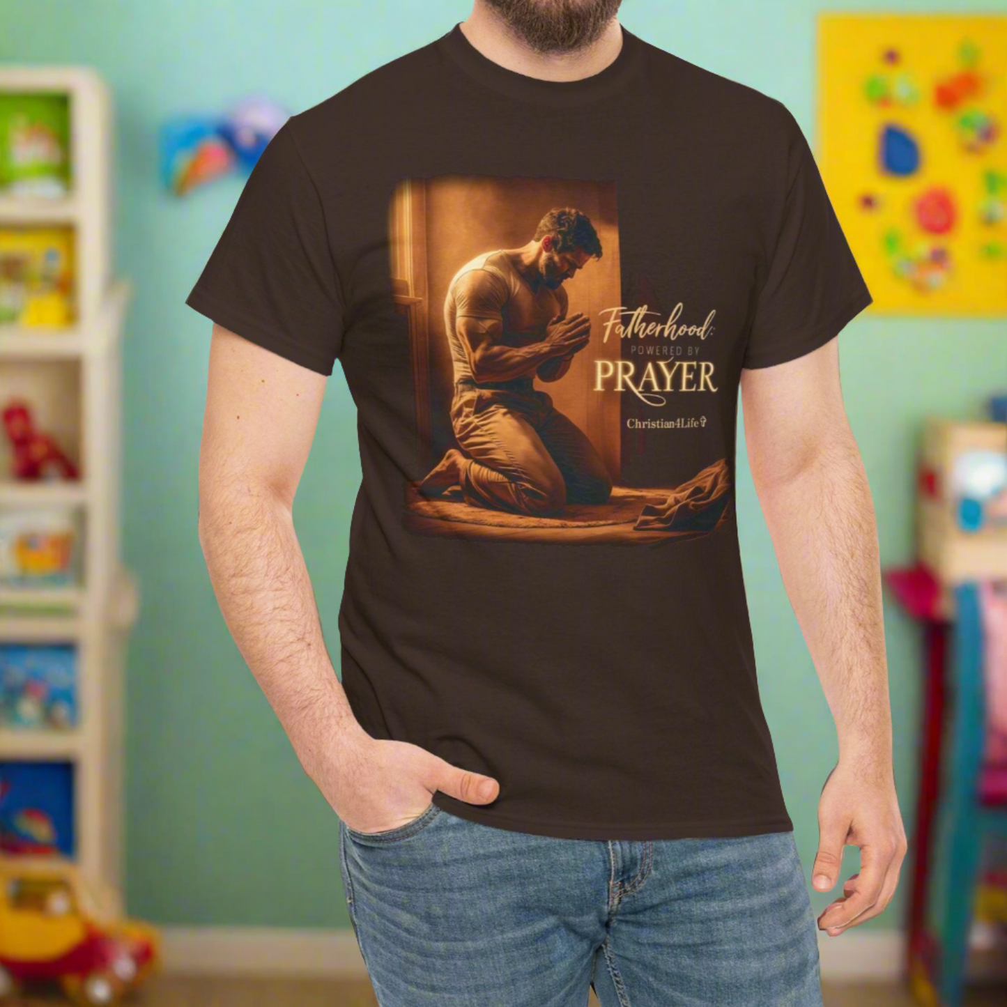 Christian Dad ’Fatherhood: Powered by Prayer’ Heavy Cotton T-shirt - T-Shirt
