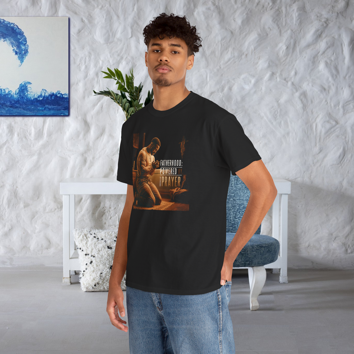 Christian Dad T-shirt ’Fatherhood: Powered by Prayer’ Heavy Cotton - T-Shirt