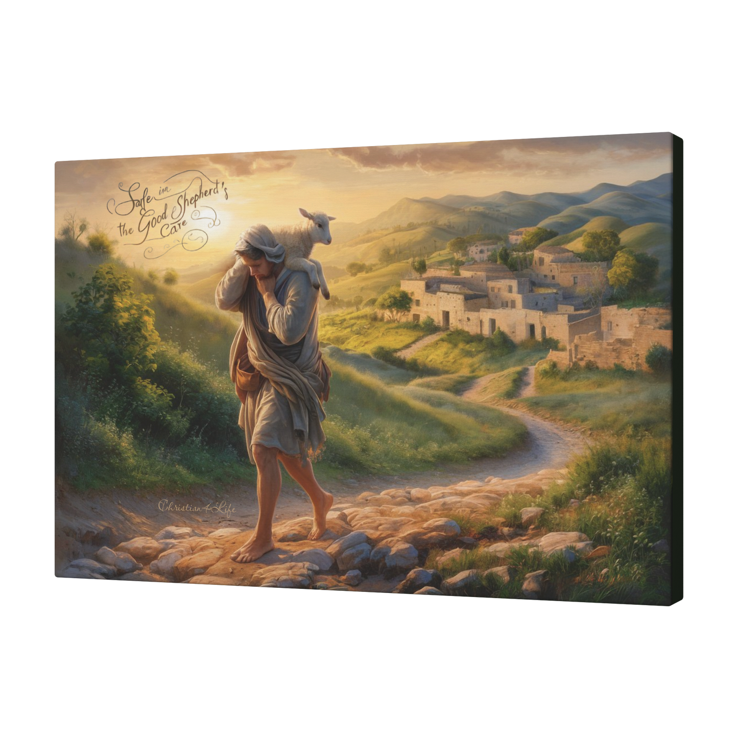 ’Safe in the Good Shepherd’s care’ Gallery Wrapped Christian Wall Art Canvas (3:2)