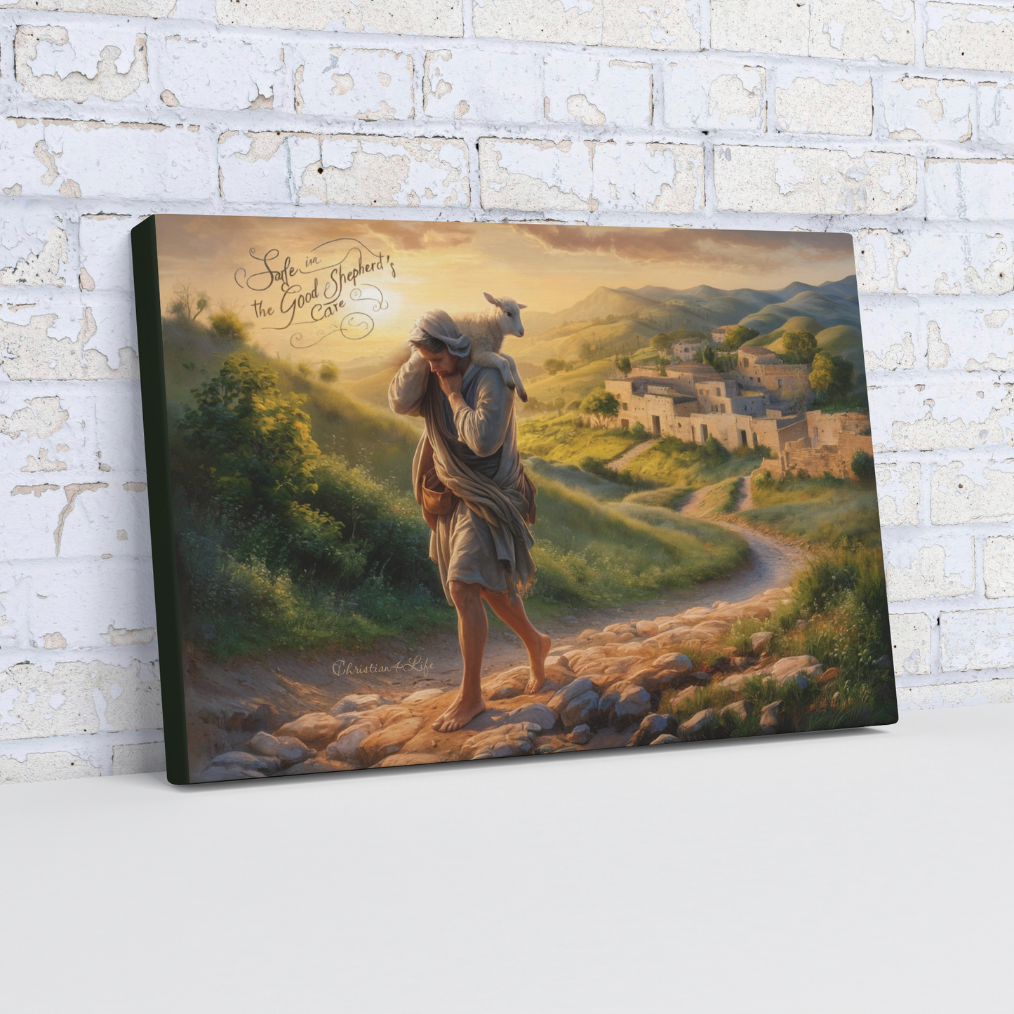 ’Safe in the Good Shepherd’s care’ Gallery Wrapped Christian Wall Art Canvas (3:2) - 12’’ x 18’’ Wall Canvas