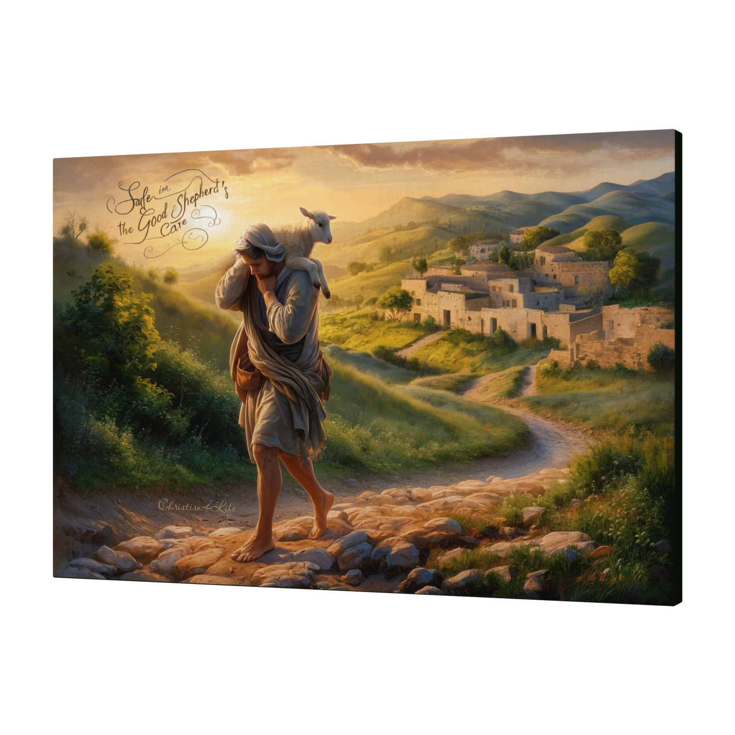 ’Safe in the Good Shepherd’s care’ Gallery Wrapped Christian Wall Art Canvas (3:2)