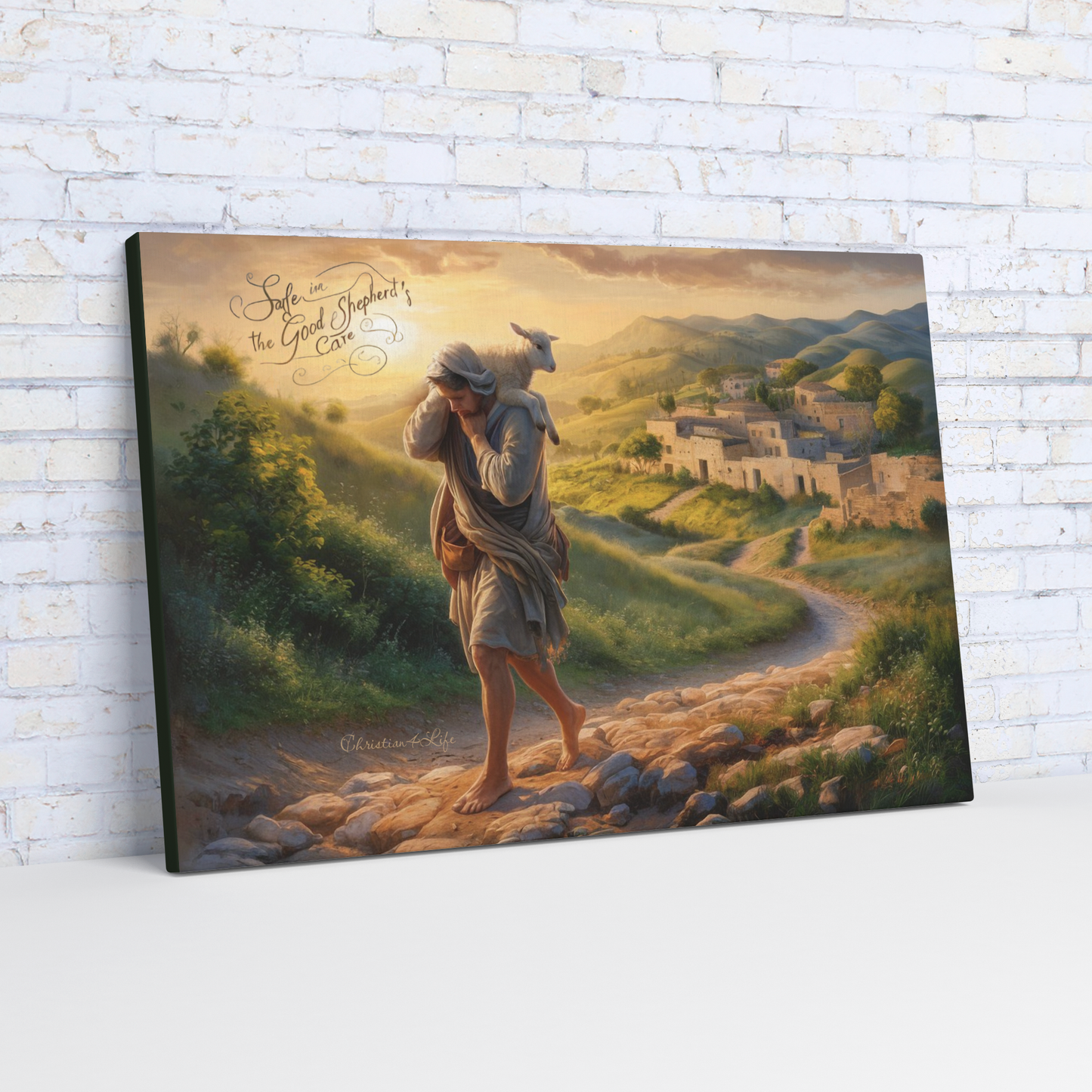 ’Safe in the Good Shepherd’s care’ Gallery Wrapped Christian Wall Art Canvas (3:2) - 24’’ x 36’’ Wall Canvas