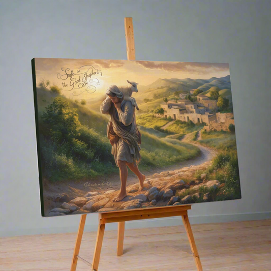’Safe in the Good Shepherd’s care’ Gallery Wrapped Christian Wall Art Canvas (3:2)