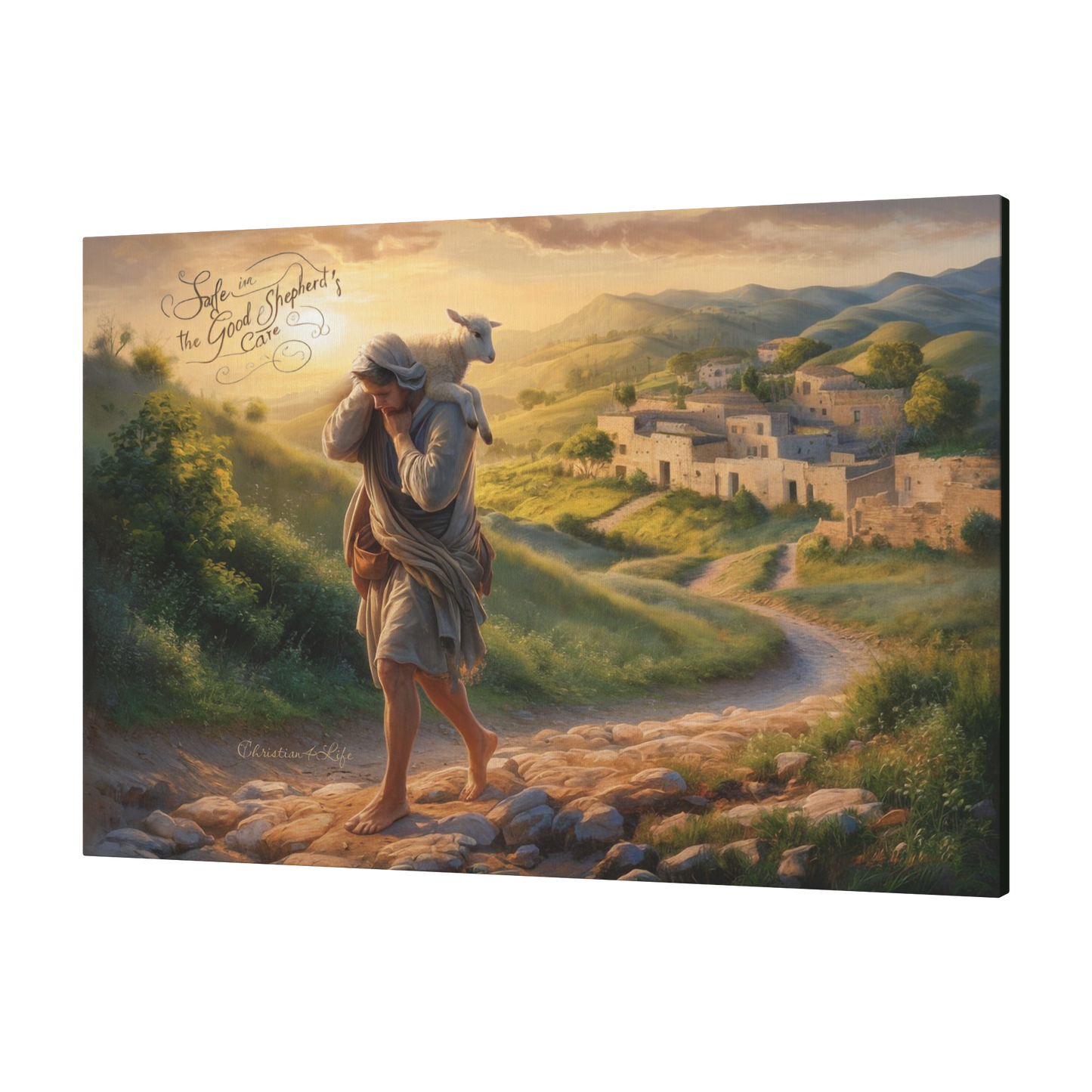 ’Safe in the Good Shepherd’s care’ Gallery Wrapped Christian Wall Art Canvas (3:2)