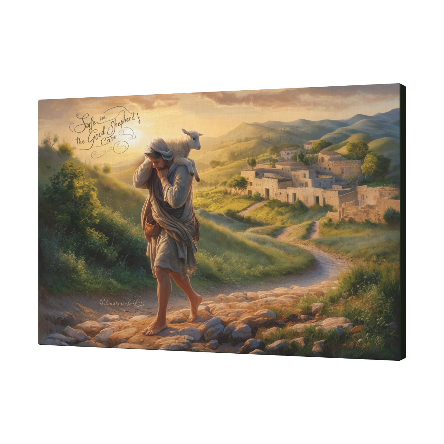 ’Safe in the Good Shepherd’s care’ Gallery Wrapped Christian Wall Art Canvas (3:2)