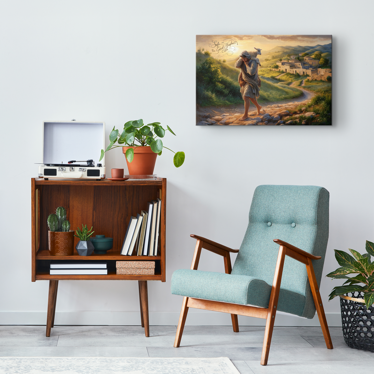 "Safe in the Good Shepherd's care" Gallery Wrapped Christian Wall Art Canvas (3:2)