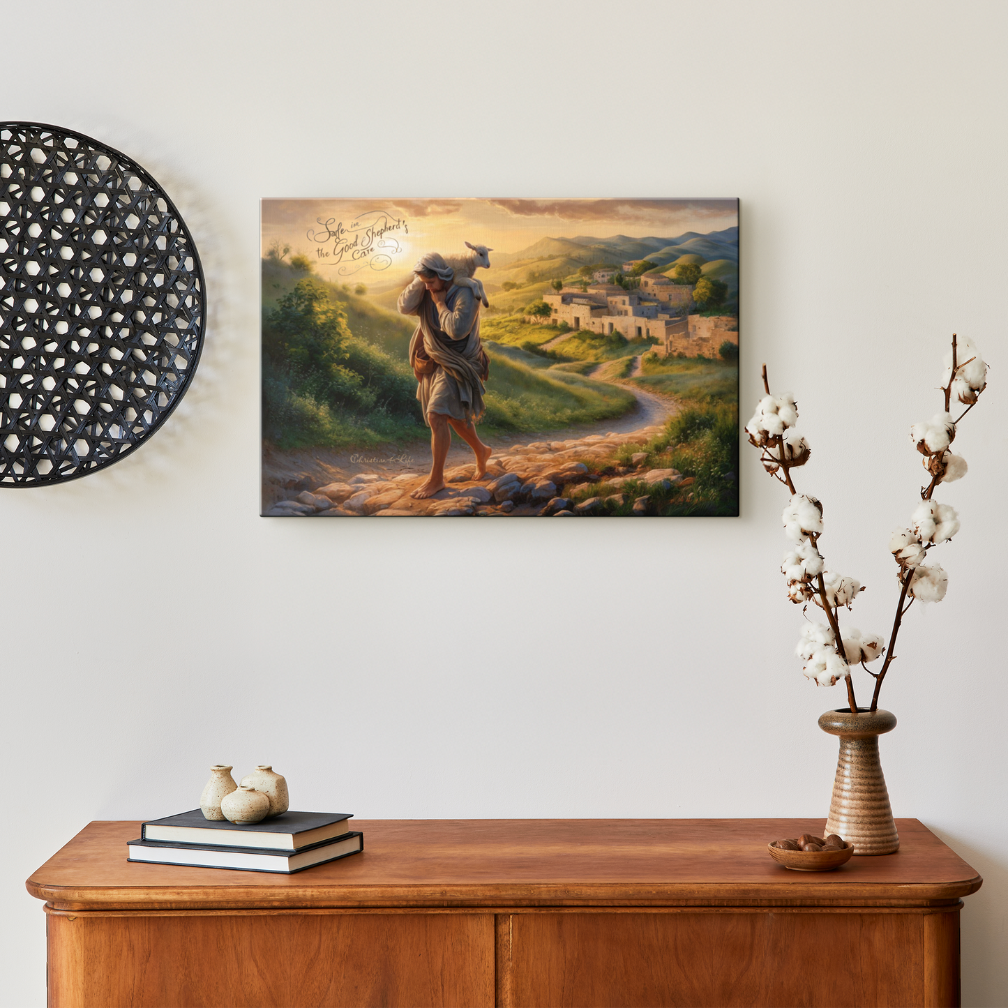 "Safe in the Good Shepherd's care" Gallery Wrapped Christian Wall Art Canvas (3:2)