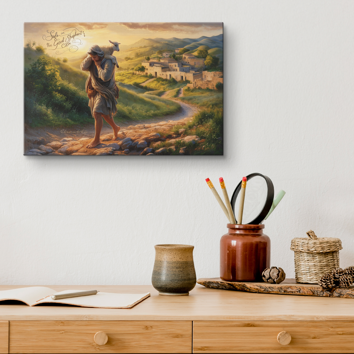 "Safe in the Good Shepherd's care" Gallery Wrapped Christian Wall Art Canvas (3:2)