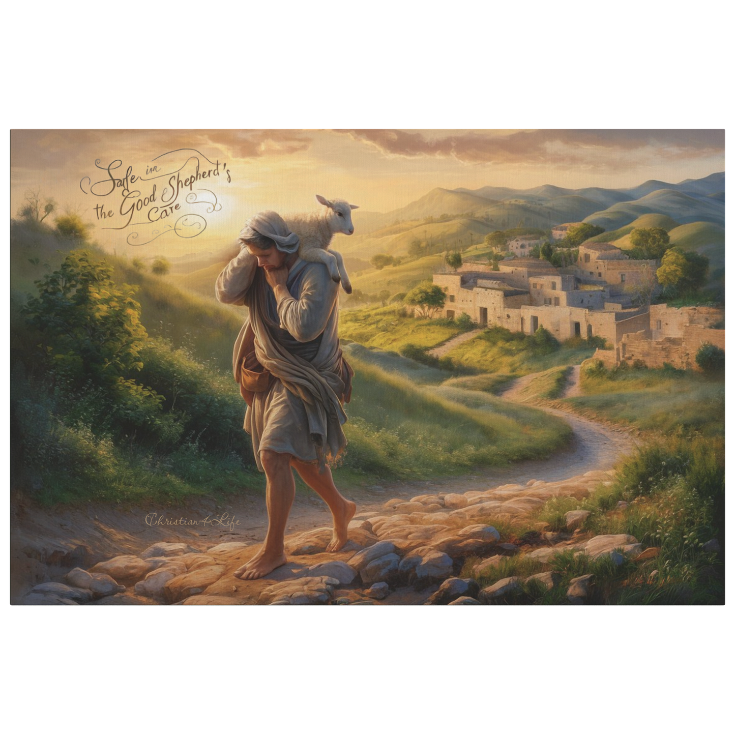 ’Safe in the Good Shepherd’s care’ Gallery Wrapped Christian Wall Art Canvas (3:2)