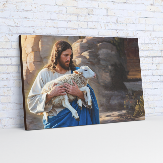 Shepherd holding sheep - Beautiful Gallery Wrapped Christian Wall Art Canvas - 24’’ x 36’’ Wall Canvas