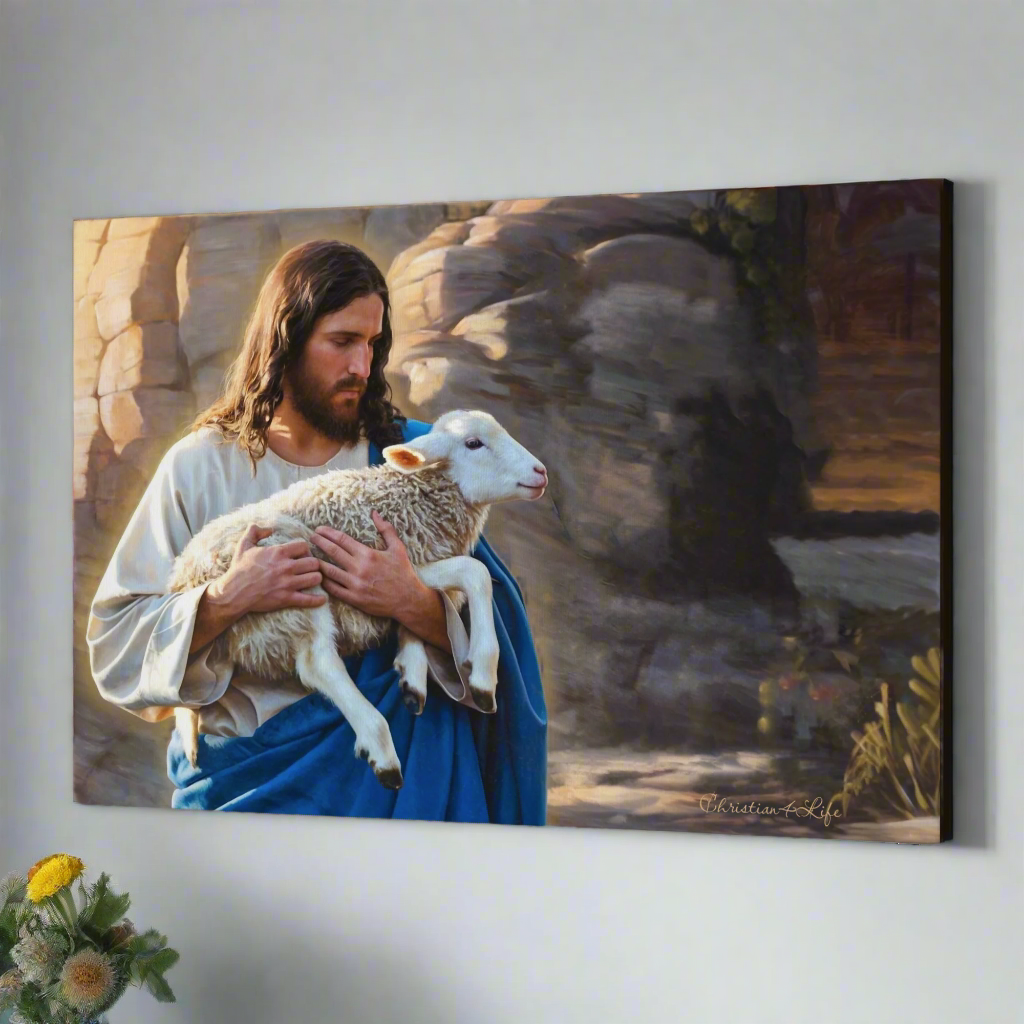 Shepherd holding sheep - Beautiful Gallery Wrapped Christian Wall Art Canvas
