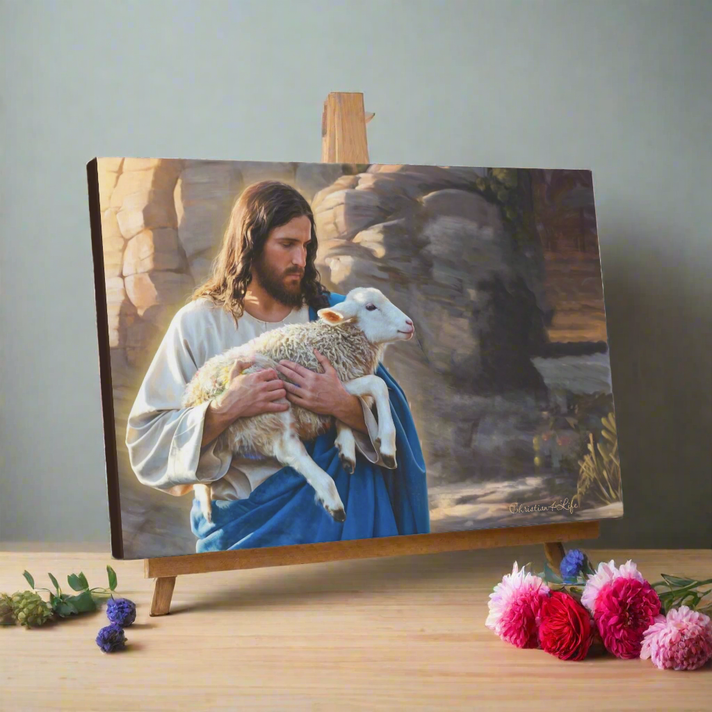Shepherd holding sheep - Beautiful Gallery Wrapped Christian Wall Art Canvas