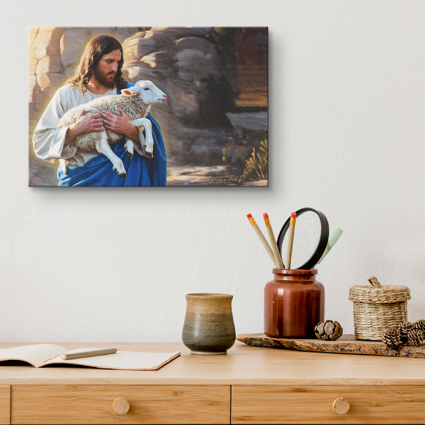 Shepherd holding sheep - Beautiful Gallery Wrapped Christian Wall Art Canvas