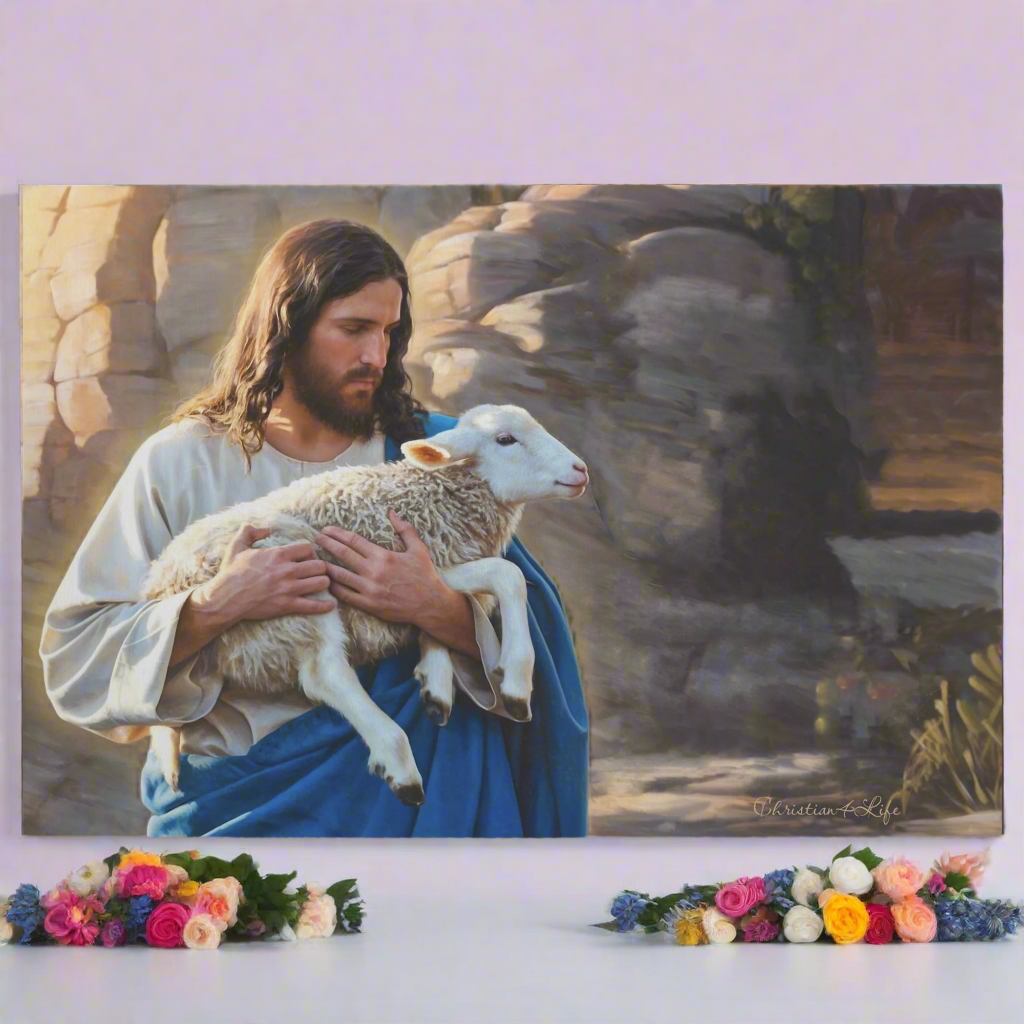 Shepherd holding sheep - Beautiful Gallery Wrapped Christian Wall Art Canvas