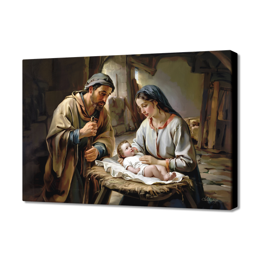 Painting of a Joseph and Mary holding baby Jesus in a rustic setting