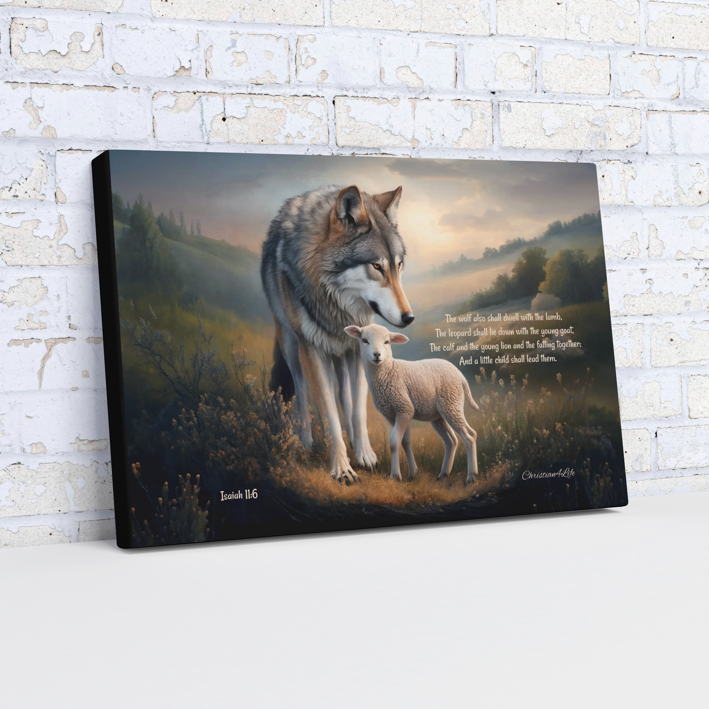 Wolf and Lamb, Christian Wall Art, Gallery Wrapped Canvas, with Isaiah 11:6 Quote