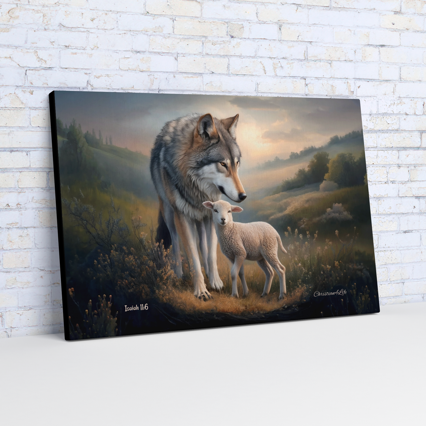 Painting of a wolf and a lamb standing together in a scenic landscape.