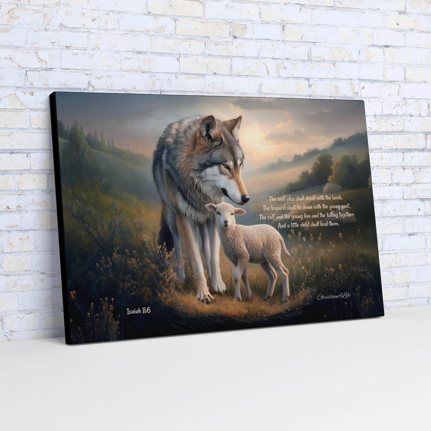 Wolf and Lamb, Christian Wall Art, Gallery Wrapped Canvas, with Isaiah 11:6 Quote