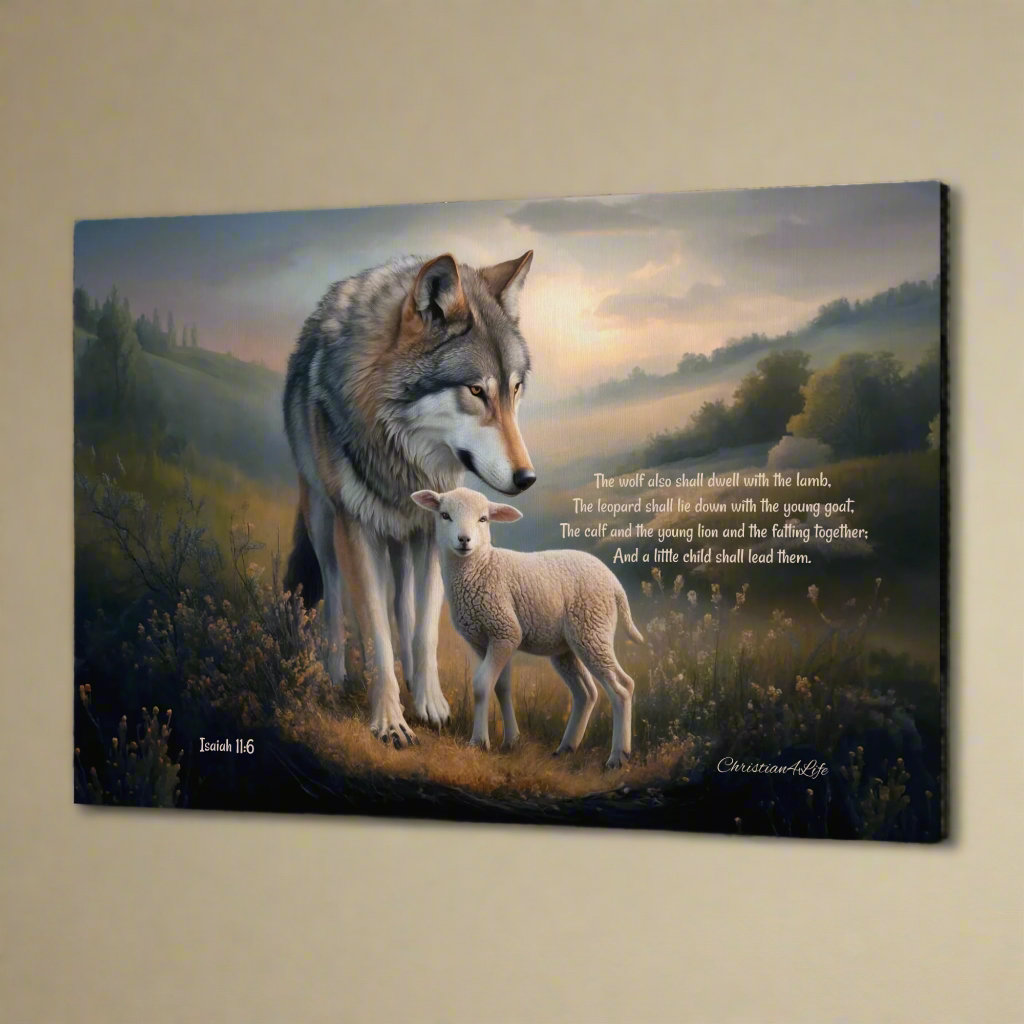 Wolf and Lamb, Christian Wall Art, Gallery Wrapped Canvas, with Isaiah 11:6 Quote