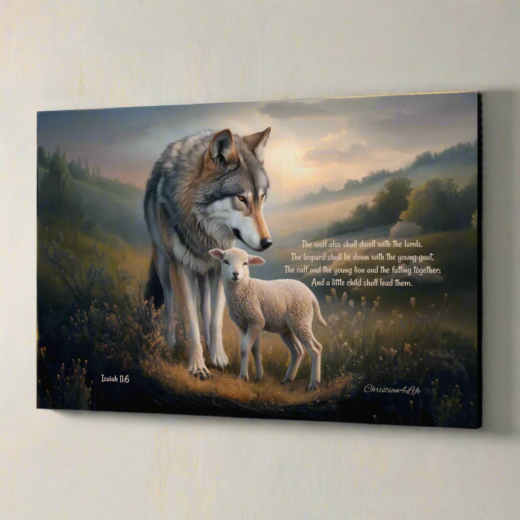Wolf and Lamb, Christian Wall Art, Gallery Wrapped Canvas, with Isaiah 11:6 Quote