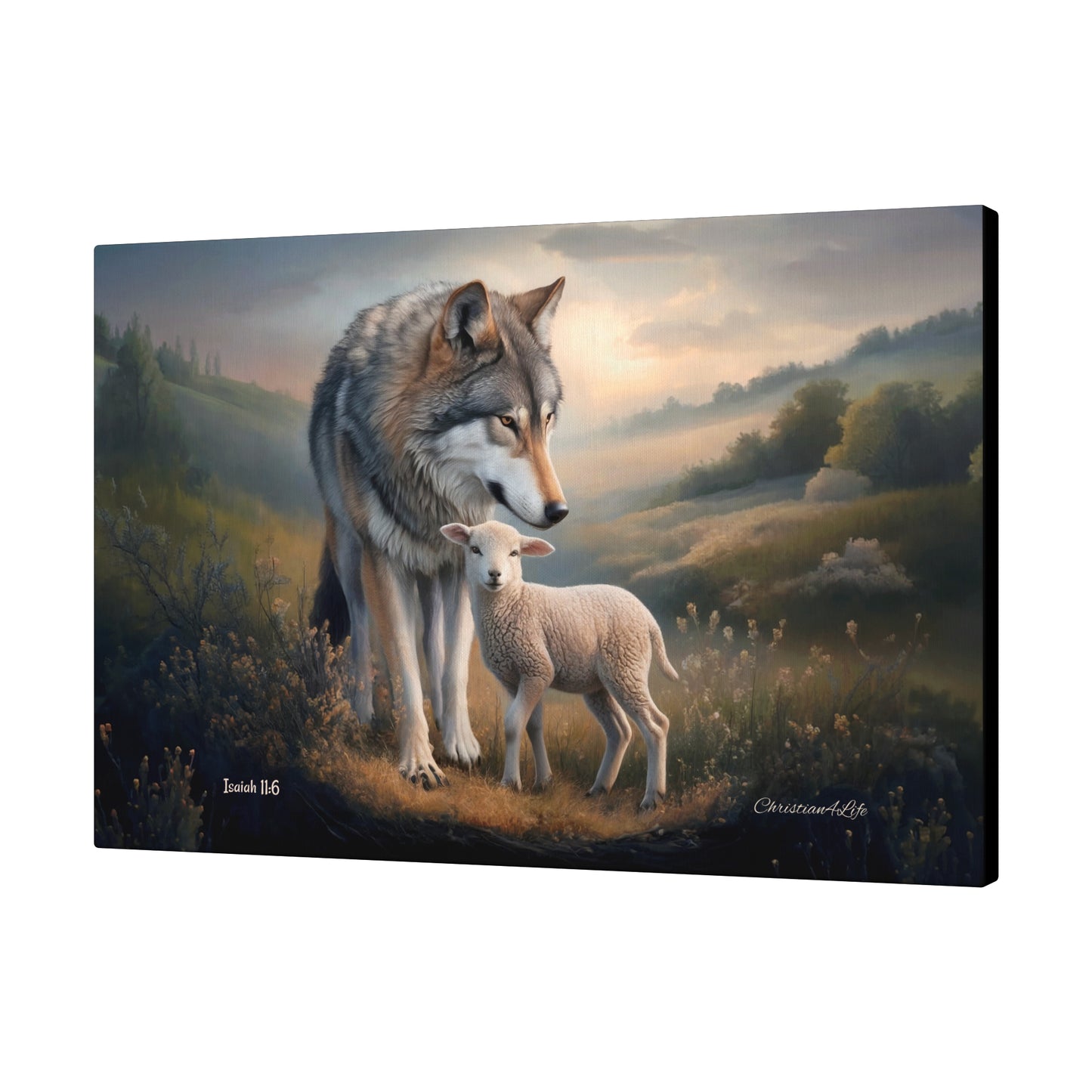 Painting of a wolf and a lamb standing together in a scenic landscape.