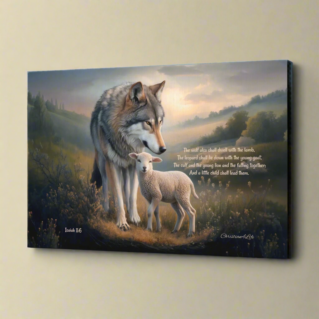 Wolf and Lamb, Christian Wall Art, Gallery Wrapped Canvas, with Isaiah 11:6 Quote