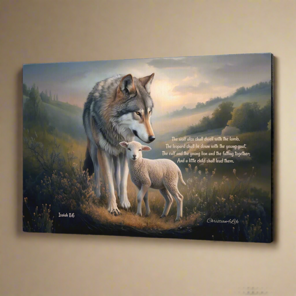 Wolf and Lamb, Christian Wall Art, Gallery Wrapped Canvas, with Isaiah 11:6 Quote